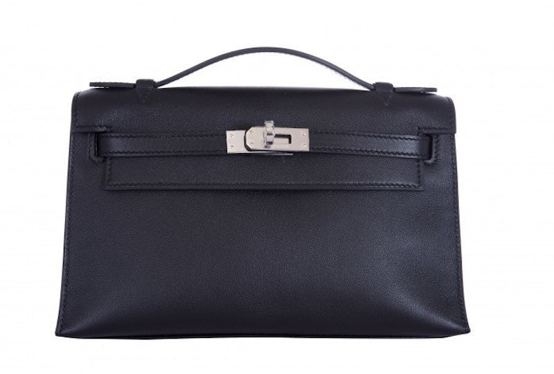 Hermes Kelly Pochette Swift Silver-tone Noir
