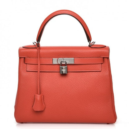 Hermes Kelly Retourne Taurillon Clemence Palladium 28 Rouge Pivoine