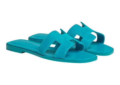 Hermes Oran Sandal Bright Blue Suede Goatskin