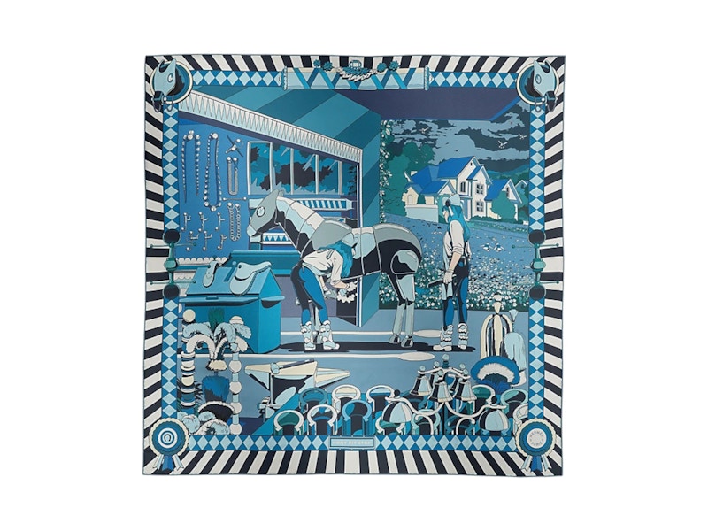Hermes Pony Pit Stop Double Face Scarf Blue Cobalt/Blanc/Marine