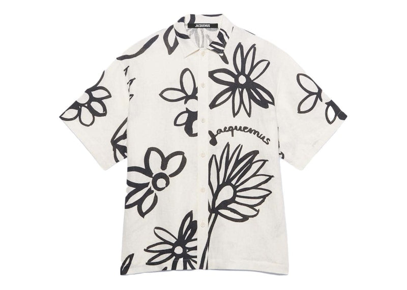Jacquemus La Chemise Moisson Flower Sketch Short Sleeved Shirt Print Black/White Flowers