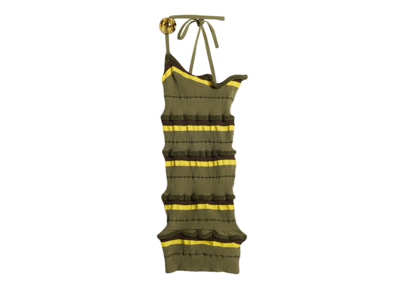 Jacquemus La Maille Concha Asymmetric Bead Knit Top Dark Green