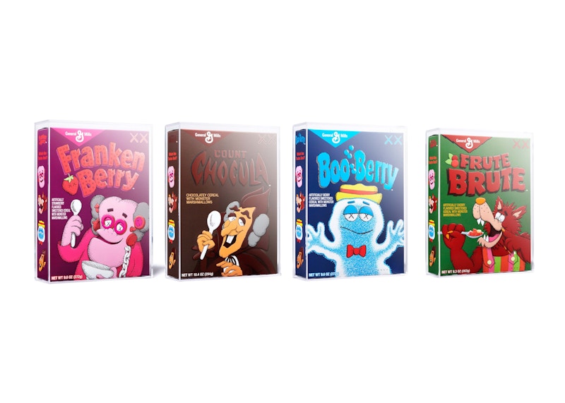 KAWS Monsters Franken Berry Count Chocula Boo Berry Frute Brute Cereal Limited Edition in Acrylic Case 4x Lot (Not Fit For Human Consumption)