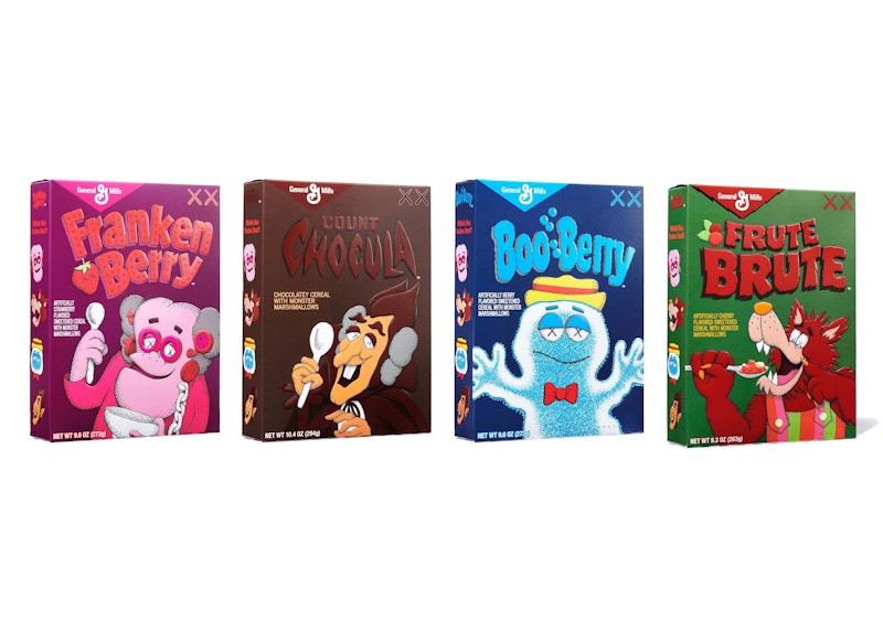 KAWS Monsters Franken Berry Count Chocula Boo Berry Frute Brute Cereal Limited Edition in Acrylic Case 4x Lot (Not Fit For Human Consumption)