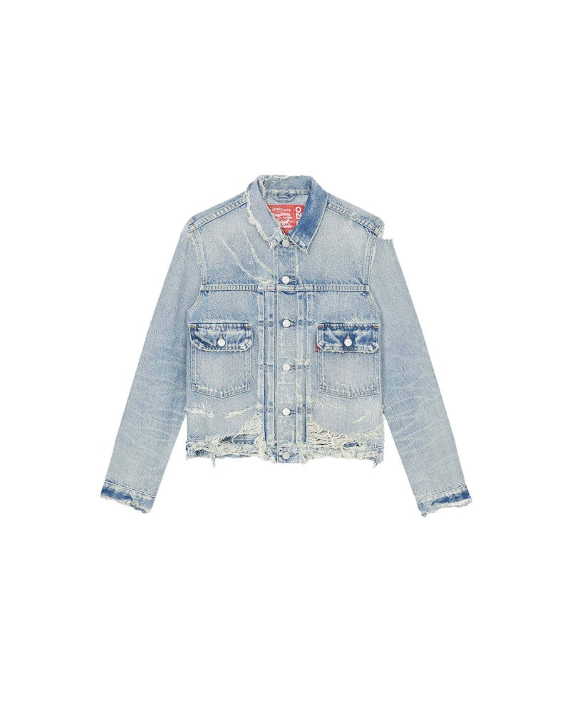 KENZO x LEVI'S Type II Distressed Genderless Denim Trucker Jacket Stone BI Dirty Blue Denim