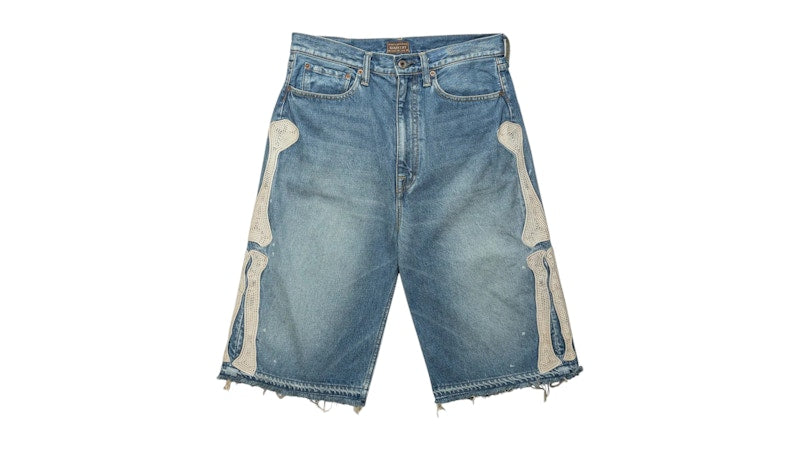 Kapital 14 Oz Denim 5P Bone Embroidery Shorts Light Indigo