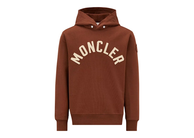 Moncler Curved Logo Plush Cotton Hoodie Mocha Brown