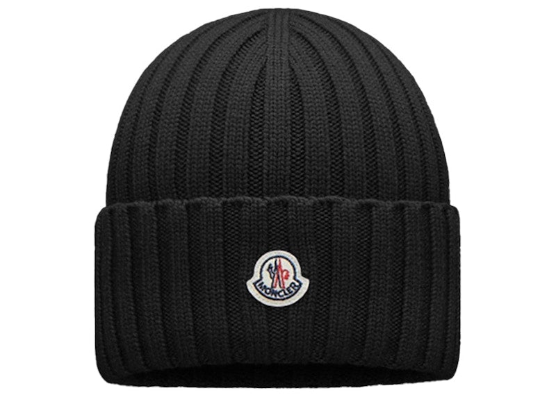 Moncler Ribbed Logo Knit Beanie Black