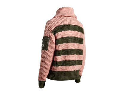 Moncler Women's Turtleneck Two-Toned Striped Back Cardigan Antique Pink/Green