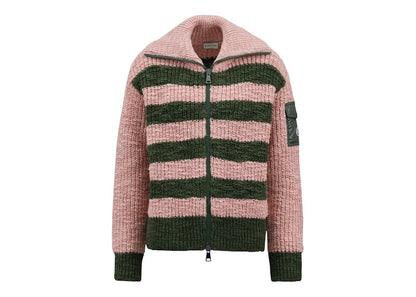 Moncler Women's Turtleneck Two-Toned Striped Back Cardigan Antique Pink/Green
