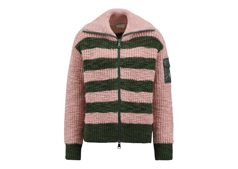 Moncler Women's Turtleneck Two-Toned Striped Back Cardigan Antique Pink/Green
