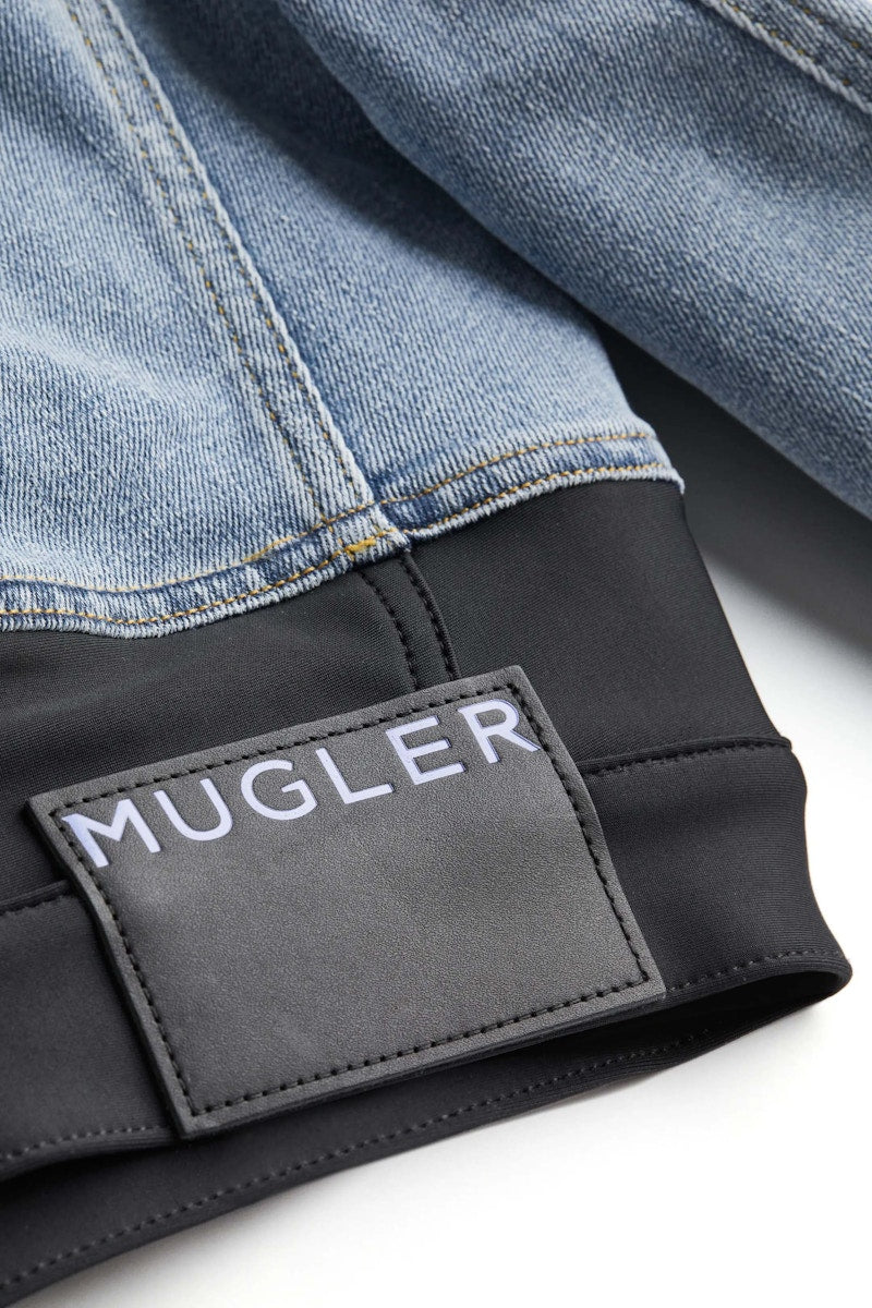 Mugler H&M Defined-Waist Denim Crop Jacket Light Denim Blue/Black