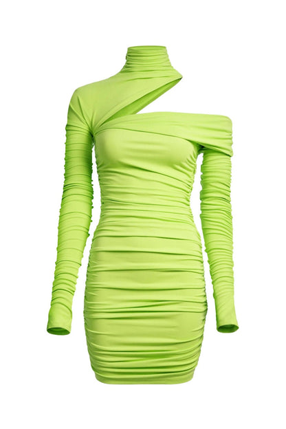 Mugler H&M Gathered One-Shoulder Mini Dress Acid Green