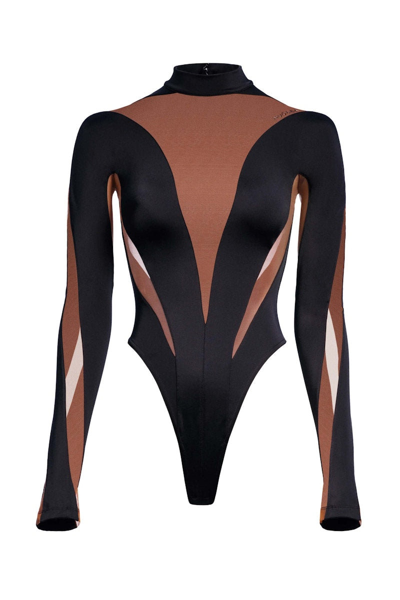 Mugler H&M Mesh-Paneled Bodysuit Dark Brown/Black