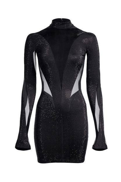 Mugler H&M Spiral-Panel Mini Dress with Rhinestones Black