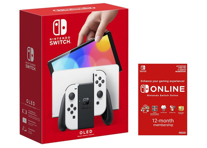 Nintendo Switch OLED with Online 12 Month Family Membership Bundle NS-HEGSKAAAA White