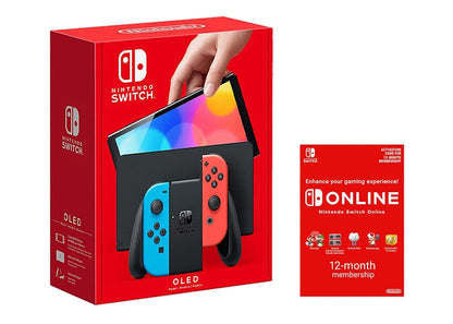 Nintendo Switch OLED with Online 12 Month Family Membership Bundle NS-HEGSKABAA Neon Blue/Neon Red