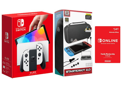 Nintendo Switch OLED with Online 12 Month Family Membership and Surge 11-In-1 Accessory Starter Pack Bundle NS-HEGSKAAAA/SG60047 White