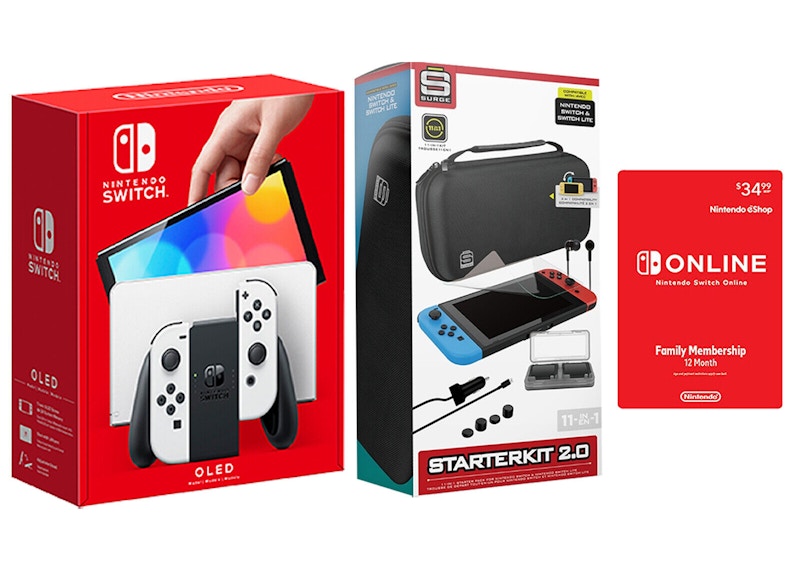 Nintendo Switch OLED with Online 12 Month Family Membership and Surge 11-In-1 Accessory Starter Pack Bundle NS-HEGSKAAAA/SG60047 White