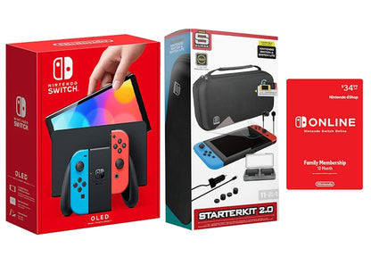 Nintendo Switch OLED with Online 12 Month Family Membership and Surge 11-In-1 Accessory Starter Pack Bundle NS-HEGSKABAA/SG60047 Neon Blue/Neon Red