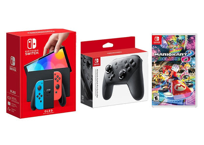 Nintendo Switch OLED with Pro Controller and Mario Kart 8 Deluxe Game Bundle NS-HEGSKABAA Neon Blue/Neon Red