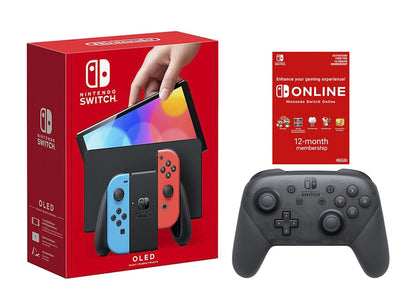 Nintendo Switch OLED with Pro Controller and Online 12 Month Family Membership Bundle NS-HEGSKABAA Neon Blue/Neon Red