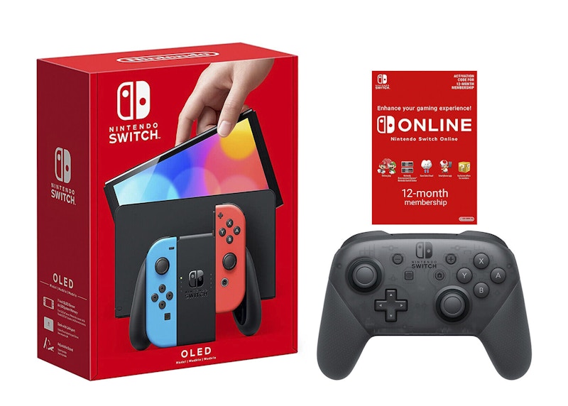 Nintendo Switch OLED with Pro Controller and Online 12 Month Family Membership Bundle NS-HEGSKABAA Neon Blue/Neon Red