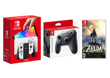 Nintendo Switch OLED with Pro Controller and The Legend of Zelda: Breath of the Wild Game Bundle NS-HEGSKAAAA White