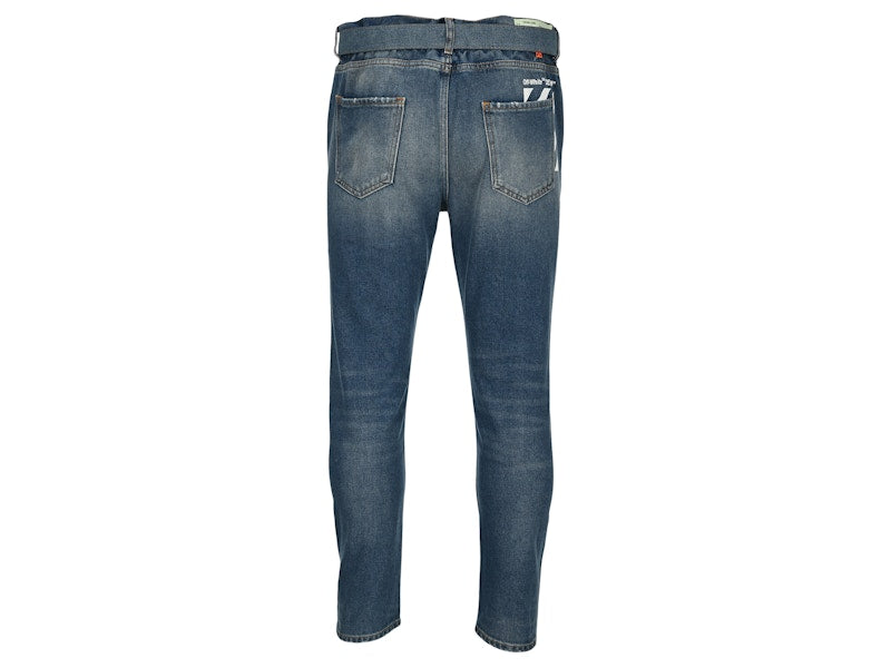OFF-WHITE Belted Low Crotch Slim Fit Denim Jeans Medium Blue/White