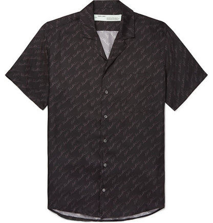 OFF-WHITE Camp Collar Logo Print Silk Shirt Black/Grey