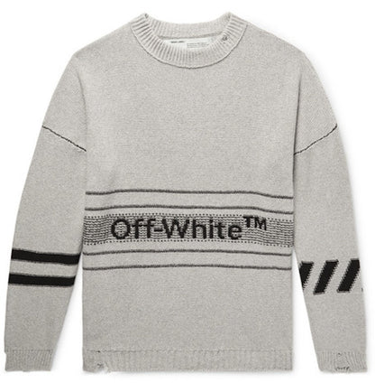 OFF-WHITE Distressed Logo Intarsia Sweater Grey/Black