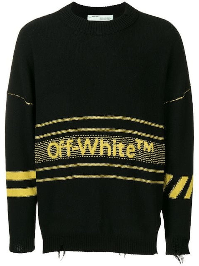 OFF-WHITE Distressed Logo Intarsia Wool Sweater Black/Yellow