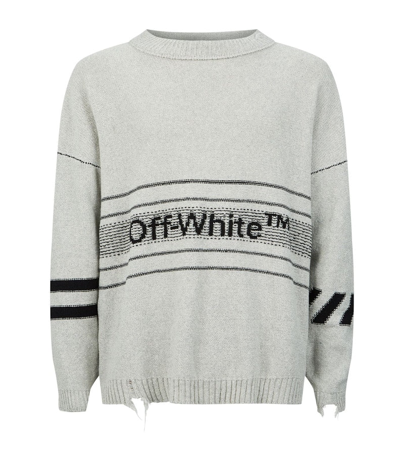 OFF-WHITE Distressed Logo Intarsia Wool Sweater Grey/Black