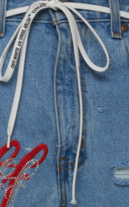 OFF-WHITE EV BRAVADO Crystal Distressed Denim Jeans Blue/Multicolor