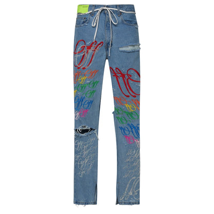 OFF-WHITE EV BRAVADO Crystal Distressed Denim Jeans Blue/Multicolor