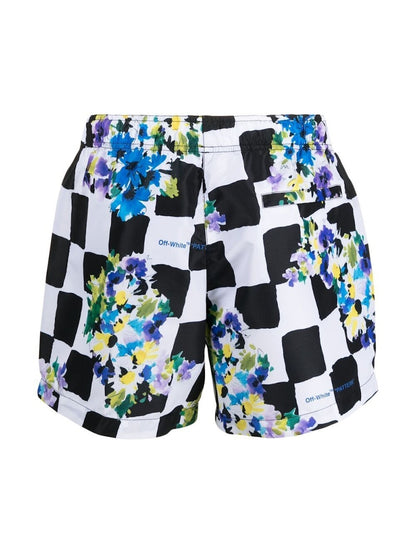 OFF-WHITE Floral-Print Checked Swim Shorts Black/White-Multi