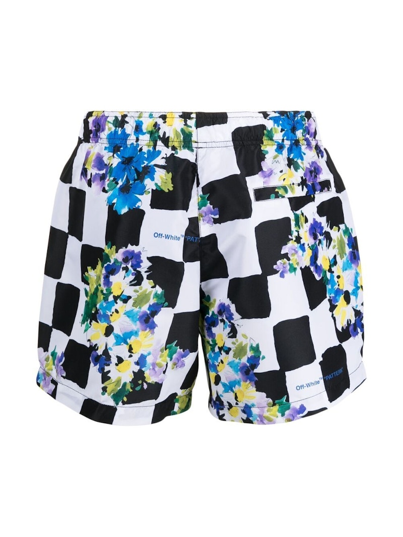 OFF-WHITE Floral-Print Checked Swim Shorts Black/White-Multi