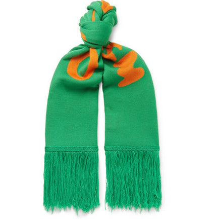 OFF-WHITE Fringed Logo Intarsia Wool Scarf (SS19) Green/Orange
