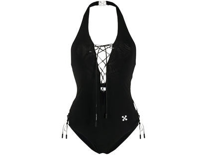 OFF-WHITE Lace-Up One Piece Swimsuit Black/White