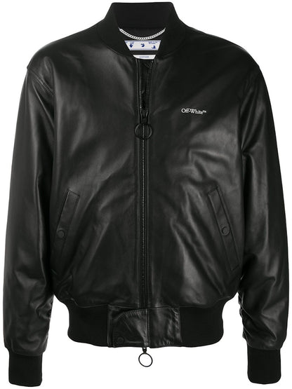 OFF-WHITE Leather Agreement Logo Bomber Jacket Black/White
