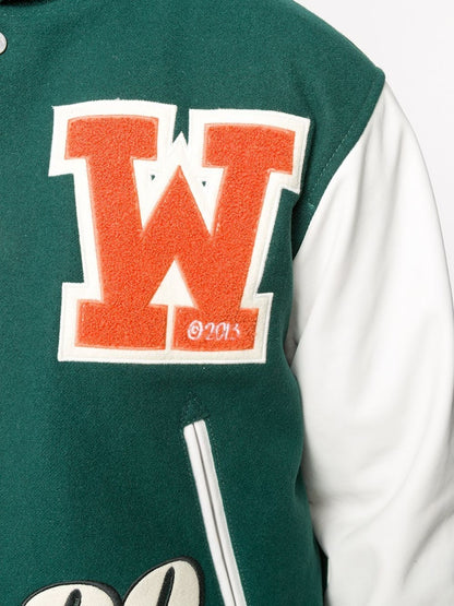 OFF-WHITE Leather Logo Patch Varsity Jacket Dark Green/Orange