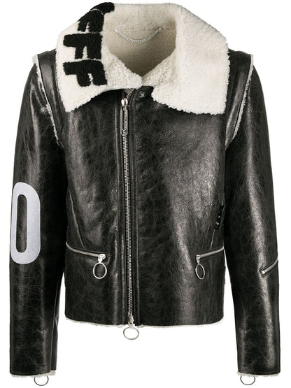 OFF-WHITE Leather Shearling Zip Jacket Black/White