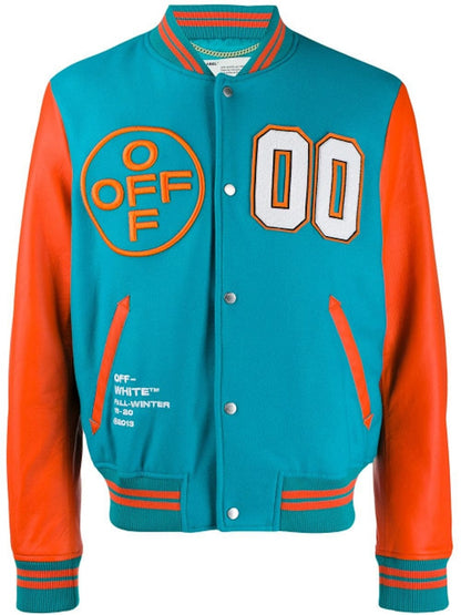 OFF-WHITE Leather Varsity Jacket Blue Acqua/Multicolor