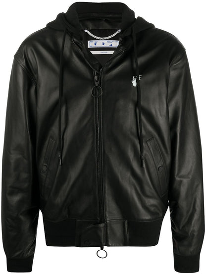 OFF-WHITE New Logo Leather Hooded Bomber Jacket Black/White