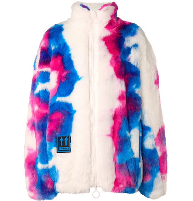 OFF-WHITE Oversized Printed Faux Fur Zip Anorak Coat Blue/White/Red