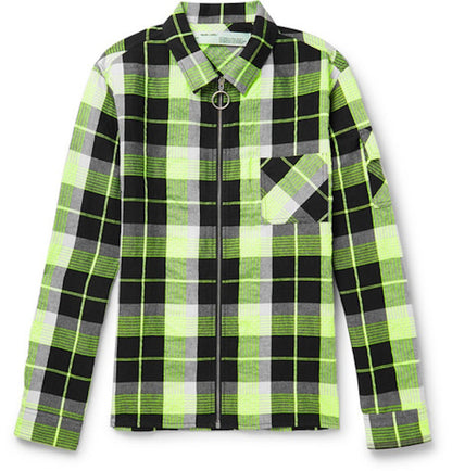 OFF-WHITE Printed Checked Zip Up Shirt Jacket Black/White/Neon Yellow