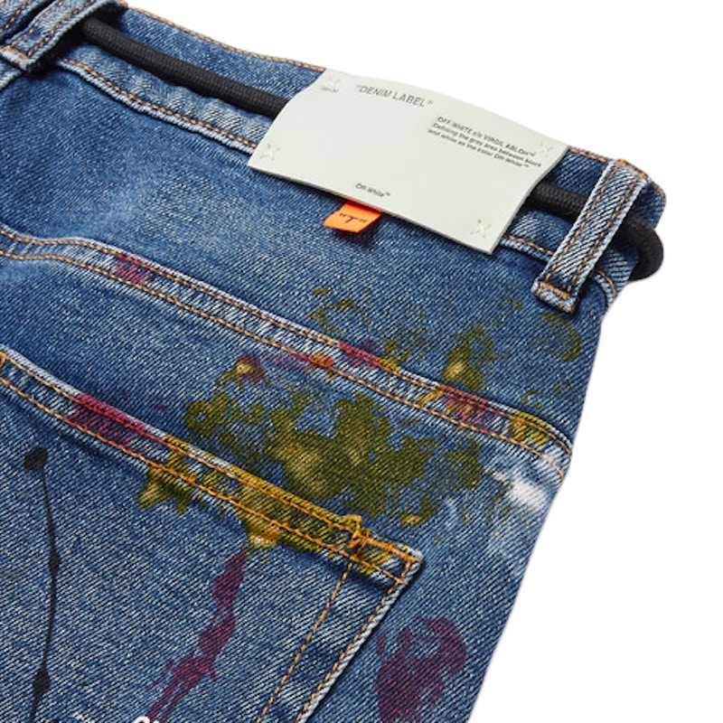 OFF-WHITE Skinny Fit Paint Splattered Denim Jeans Blue/Multicolor