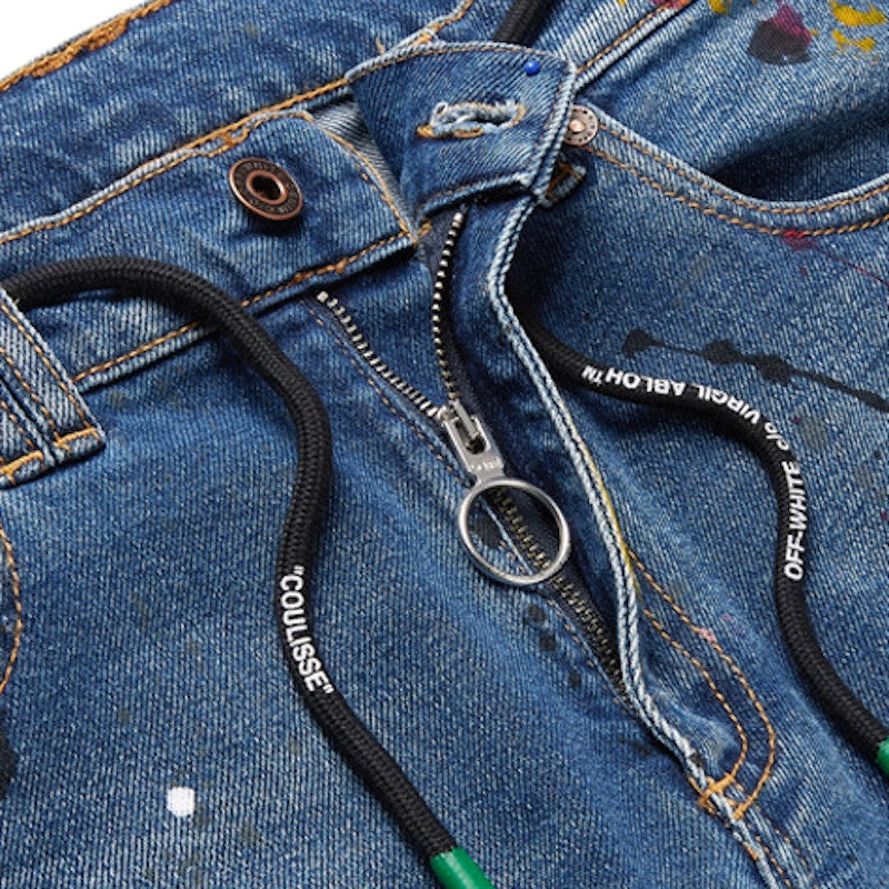 OFF-WHITE Skinny Fit Paint Splattered Denim Jeans Blue/Multicolor