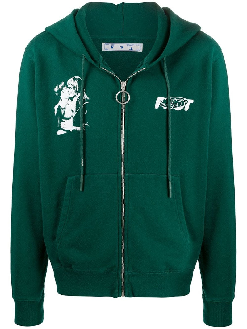 OFF-WHITE Slim Fit Kiss 21 Full Zip Hoodie Dark Green/White
