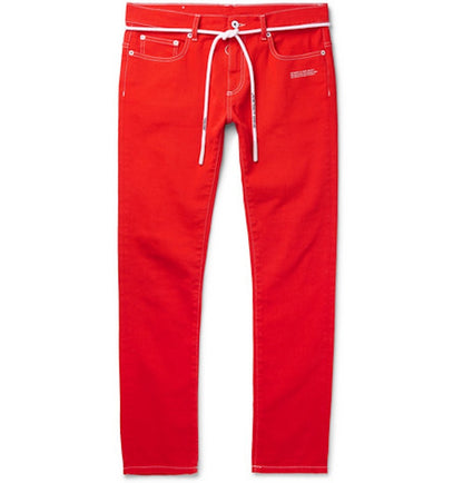 OFF-WHITE Slim Fit Logo Print Denim Jeans Red